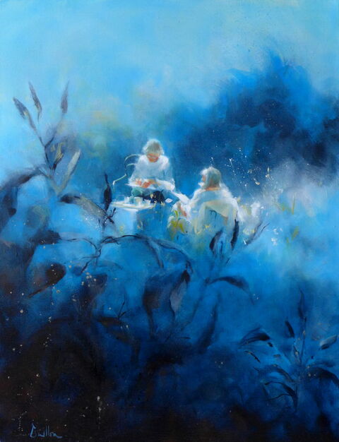 "Jardin bleu" Huile sur toile, 65 x 50 cm