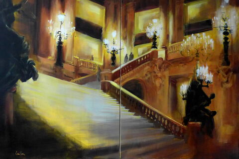 "Le grand escalier, fond jaune" Huile sur toile, 130 x 194 cm (diptyque)