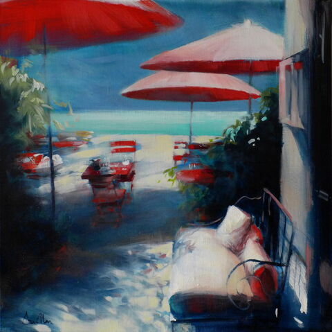 "Les parasols rouges" Huile sur toile, 50 x 50 cm