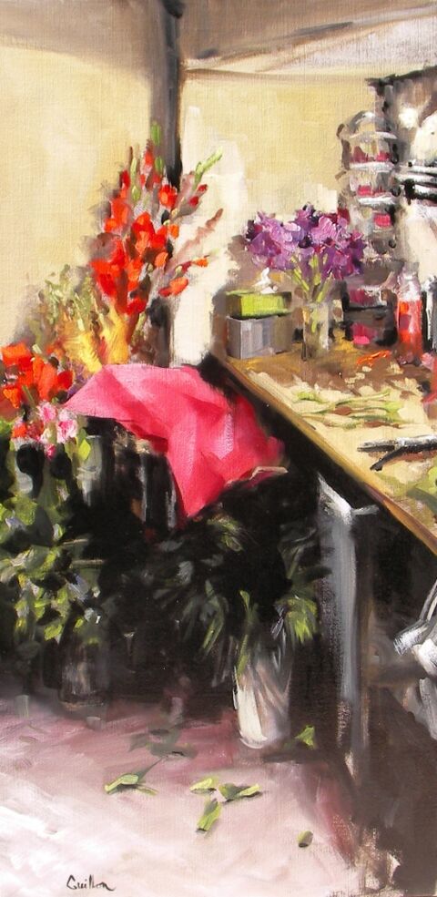"L'atelier du fleuriste : le papier rose" Huile sur toile, 120 x 40 cm
VENDU