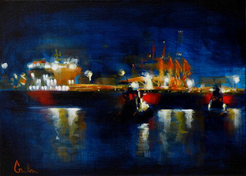 "Nuit sur le port II" Huile sur toile, 33 x 46 cm